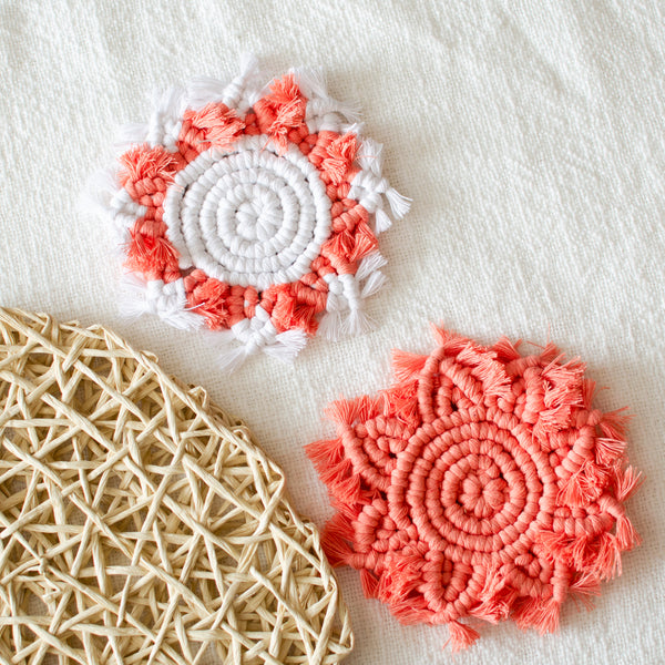 Coral & White Star Coasters - Macrame