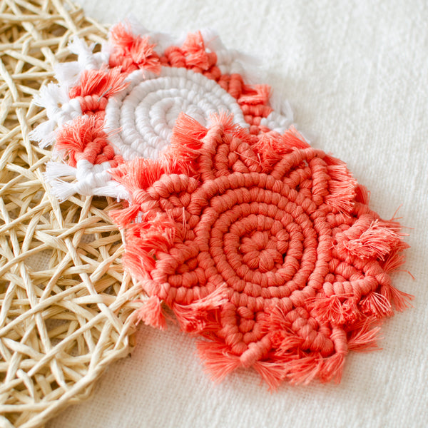 Coral & White Star Coasters - Macrame