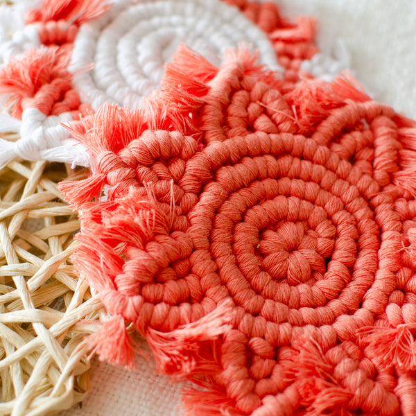 Coral & White Star Coasters - Macrame